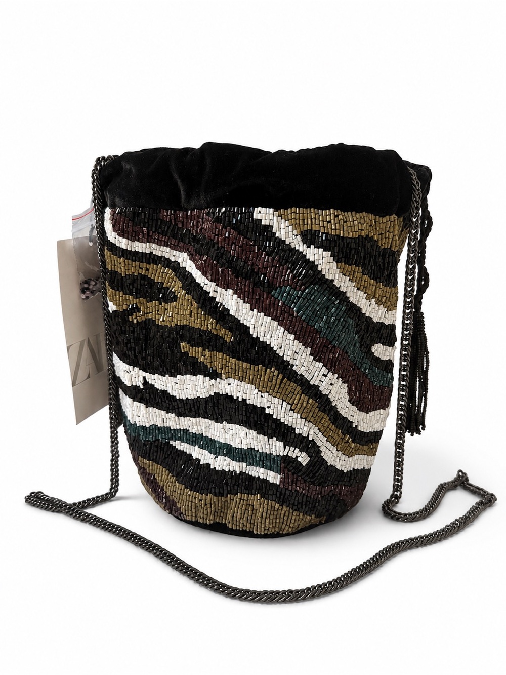 Zara Beaded Bucket Bag Multicolor Zebra Print Chain Strap NWT